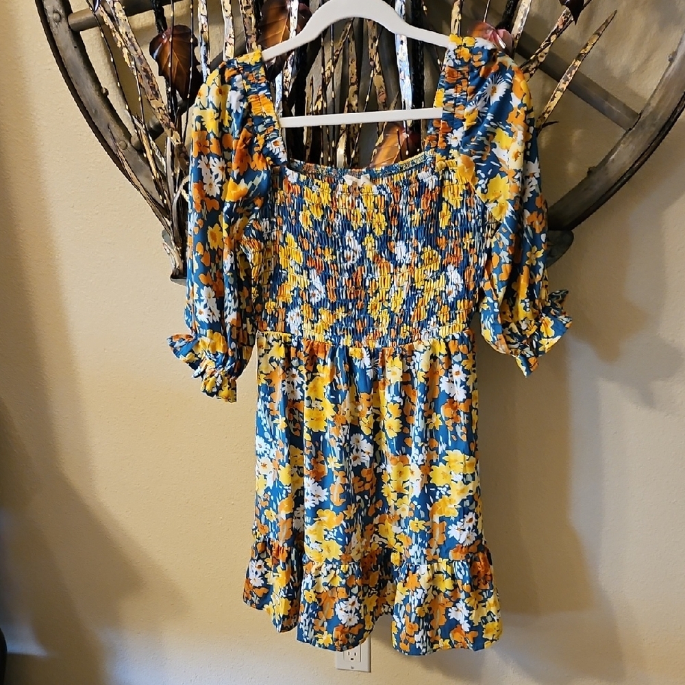 Jessica Simpson Blue and Yellow Smocked Dress